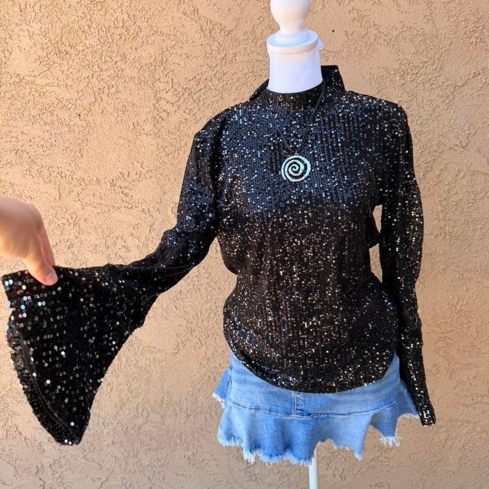 Black sequin long sleeve top with bell sleeves and mock neck